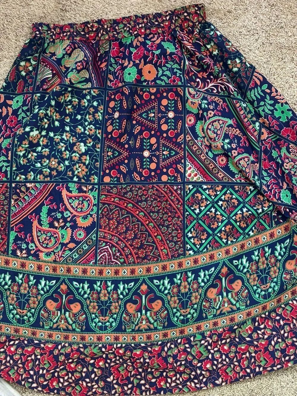 Serengeti Bohemian Patchwork Maxi Skirt elastic waist long and full